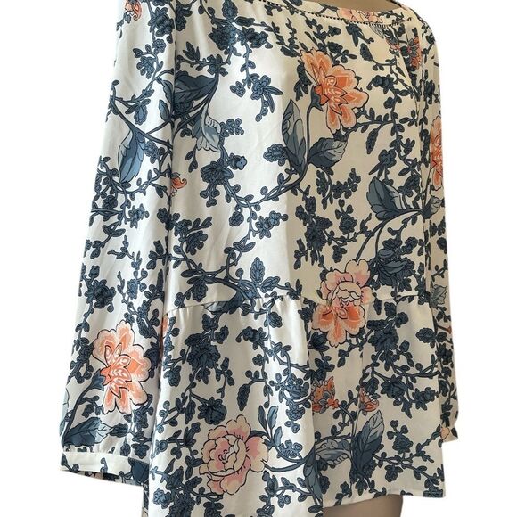 LOFT Floral Neck Details Blouse in white Sheer Floral Print L Navy and Peach - Picture 3 of 6